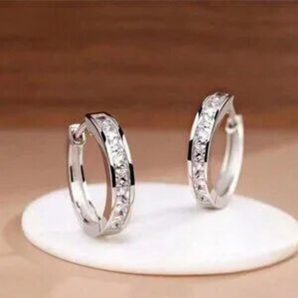 Square-Cut Crystal Hoop Earrings | 925 Sterling Silver Gift Minimalist - Picture 2 of 5